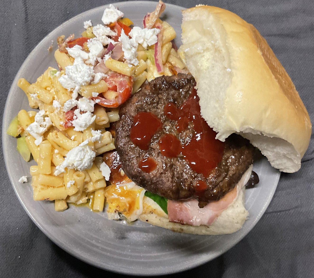 jaysndees Pasta salad dish with burger.